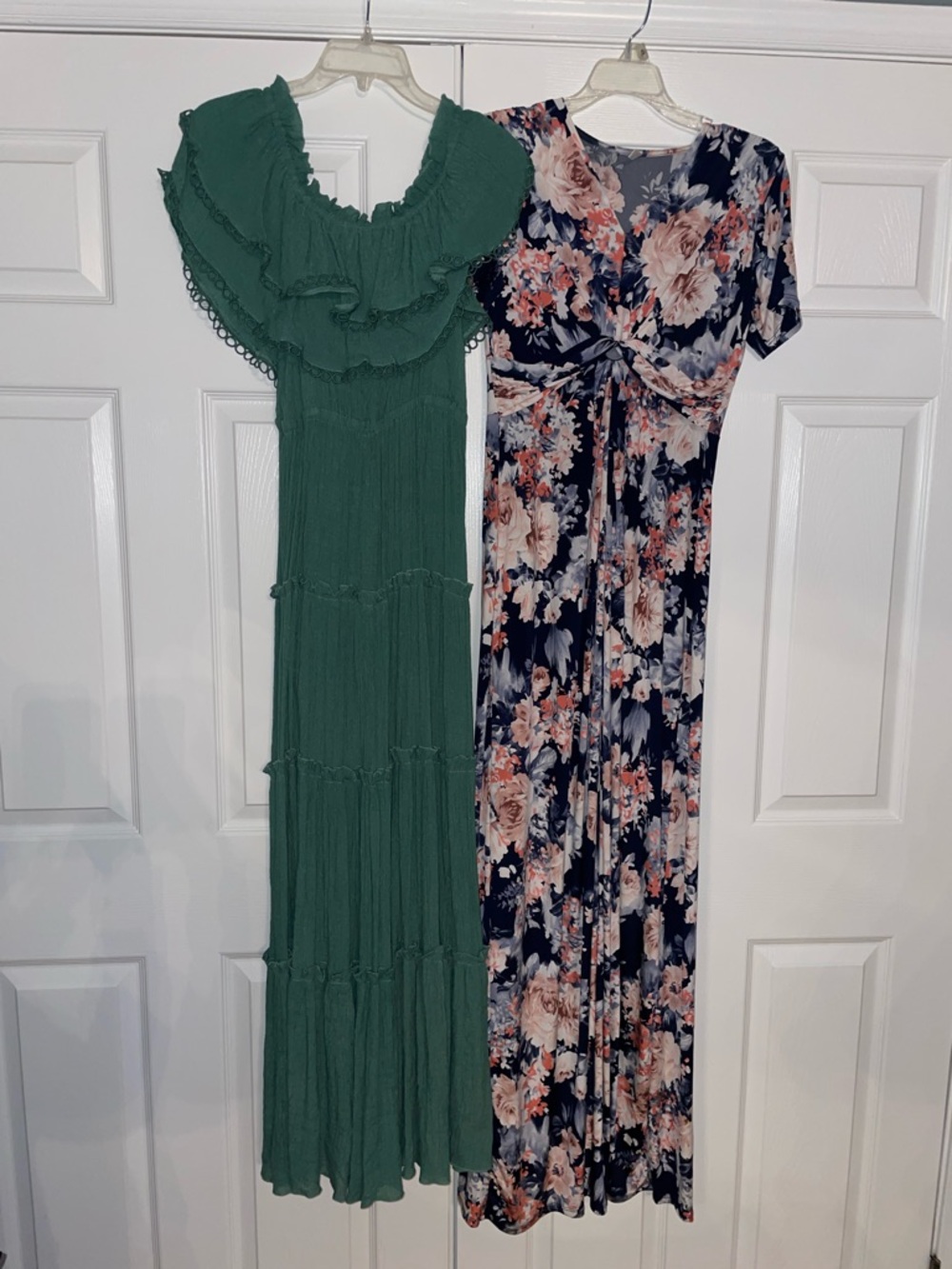 Pinkblush Maternity Green Ruffled & Navy Floral Twist-Front Maxi Dress Duo